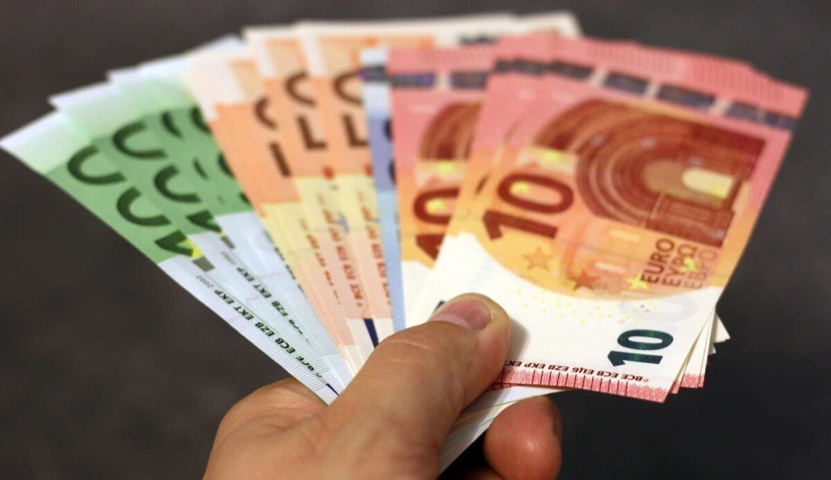 Hand mit Euro-Geldscheinen als Symbol für Bezahlung von Hundezwingern