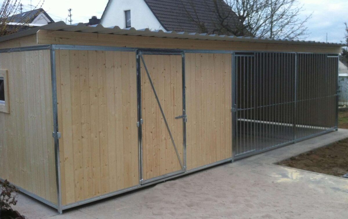 Hundezwinger Stahlrahmen Holz mit Schutzraum 2x3m und Auslauf 2x4m, Isolierglasfenster