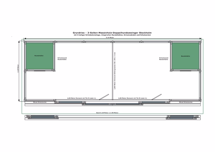 Grundriss Doppelhundezwinger Stockholm – Breitbau mit integrierter Hundehütte Grundriss Stockholm Doppelzwinger Breitbau mit integrierter Hundehütte